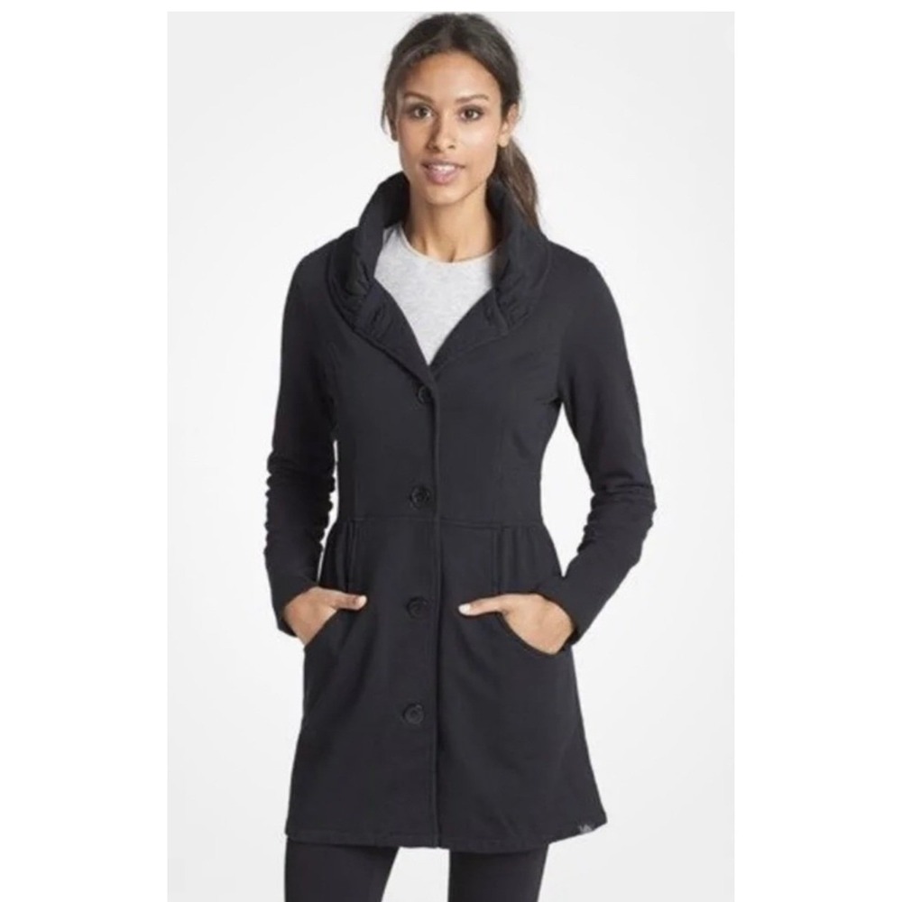 Prana Athletic Black Organic Cotton‎ Blend Coat Jacket Swing Funnel Neck sz XS - Picture 2 of 10